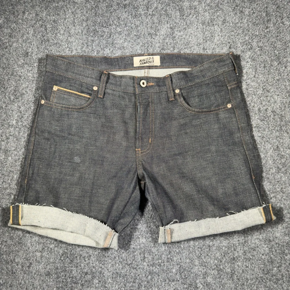 Naked & Famous Selvedge Super Guy Cut-Off Denim Shorts Mens 34 Indigo  Raw Hem